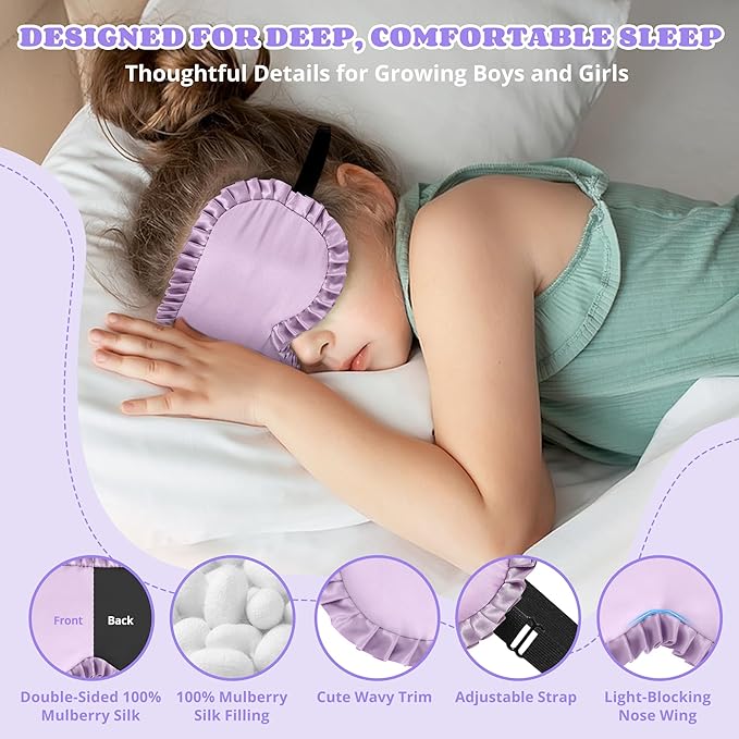 Kids Sleep Mask Eye Cover, 100% Real Mulberry Silk Sleep Mask with Adjustable Strap, Kids Blindfold for Sleeping, Boys Girls Eye Shade for Ages 5+, Soft and No Pressure (Purple)