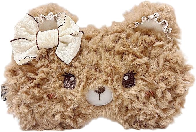 PERFECTSIGHT Sleep Eye Masks, Cute Plush Sleep Eye Cover Lightweight Adjustable Eyeshade Faux Fur Mask Cover for Women Men Sleep Travel Nap, Coffee Lace Bear