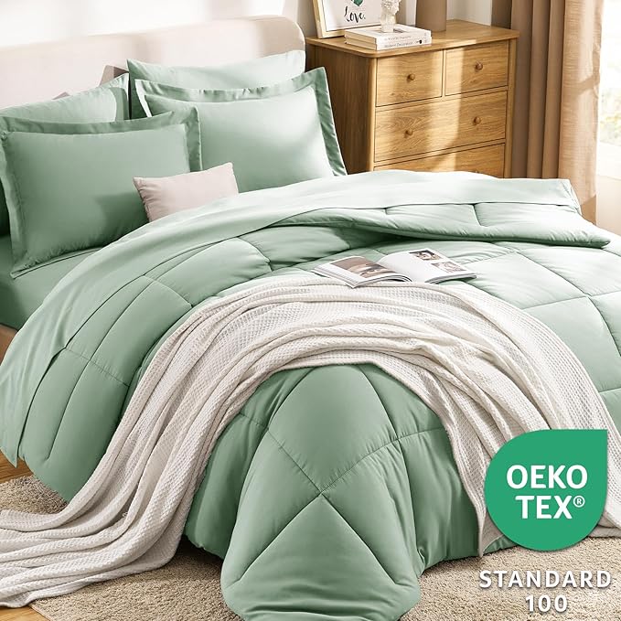 CozyLux King Size Comforter Set Sage Green - 7 Pieces Bed in a Bag King, Okeo-Tex Certifited Bedding Set, All Season Soft Bed Set with Down Alternative Comforter, Sheets, Pillowcases & Pillow Shams