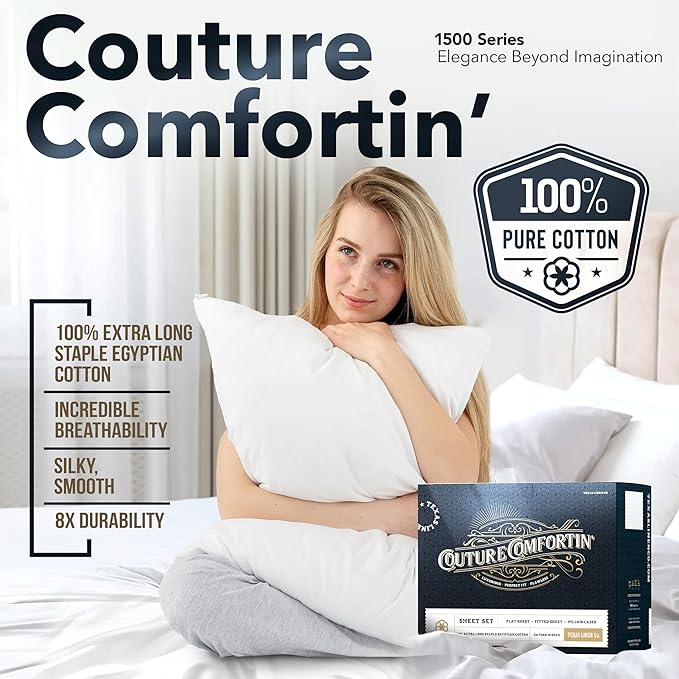 TEXAS LINEN CO. 100% Egyptian Cotton Sheets California King Size - Luxury 1500 Series Couture Comfortin' Collection Cal King Sheet Set Egyptian Cotton, (4 PC, White), 17" Deep Pocket Bedsheet Set