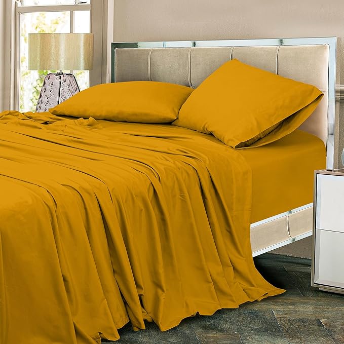 ROYALE LINENS 300 Thread Count 100% Long Staple Combed Cotton Sheet Set - 4 Piece Full Bed Sheets - 1 Fitted, 1 Flat, 2 Pillow Cases -Soft Cool & Crisp Sheet Set (Full, Yellow)