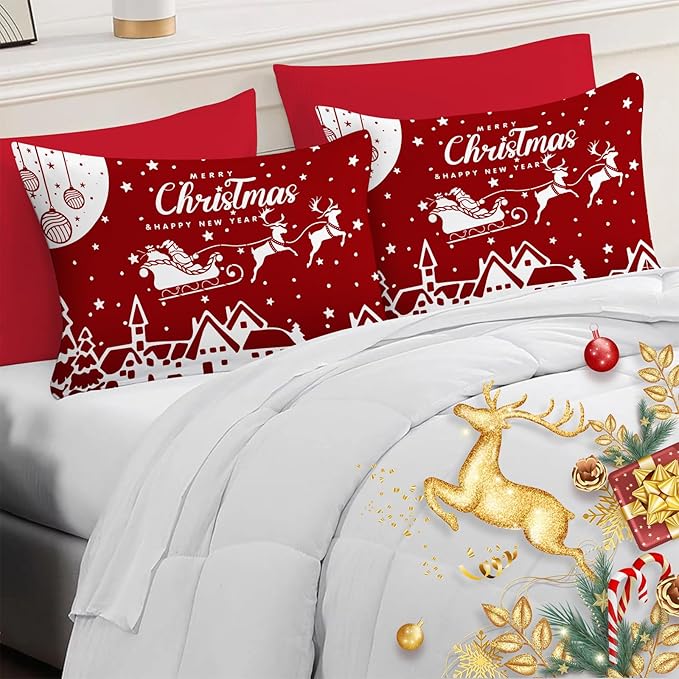 YIYEA Christmas Pillow Cases Standard Size Set of 4, Ultra Soft Double Brushed Microfiber Red Pillowcases and Christmas Pillow Covers, Envelope Closure, Fade Resistant (20"x26")