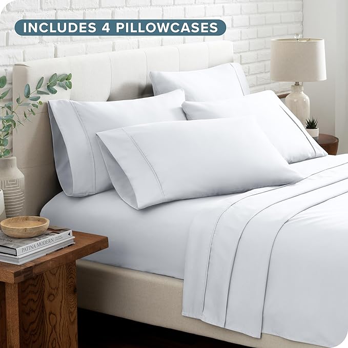 Bare Home Hotel Luxury Split Head Flex King Sheet Set, Extra Soft, Deep Pockets, Easy Fit, Cooling & Breathable, Wrinkle, Fade, Stain Resistant, with 4 Pillowcases (Split Head Flex King, White)