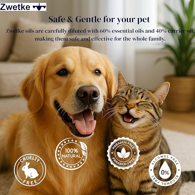 Premium Pet-Friendly Essential Oils Gift Set – 7 Natural Aromatherapy : Rose Chamomille Thyme Linanol Cardamon Helichrysum Lavender Violet Leaf – Safe for Dogs, Cats & Family – Relaxation & Diffuser