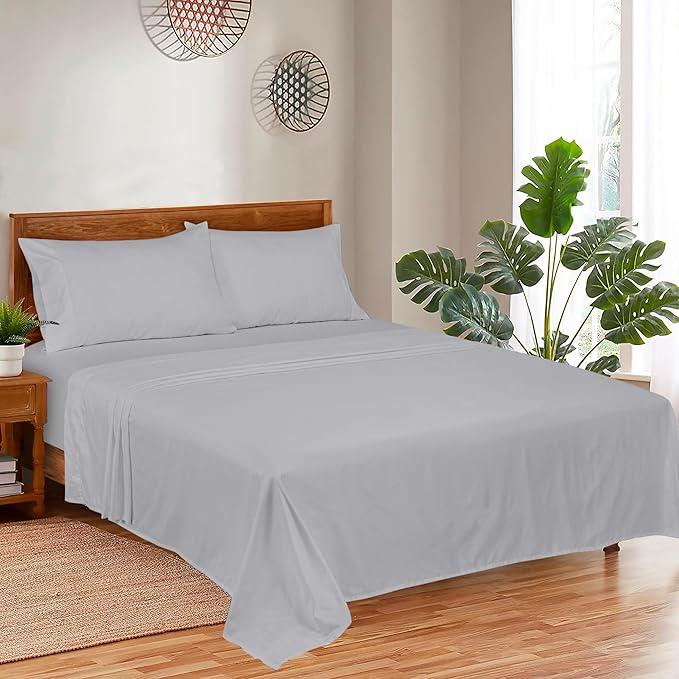 ROYALE LINENS 300 Thread Count Cotton Sateen Sheet Set - 4 Piece Twin XL Bed Sheets - 1 Fitted, 1 Flat & 2 Pillow Cases - Soft Cool & Crisp Sheet Set (Twin XL, Microchip)