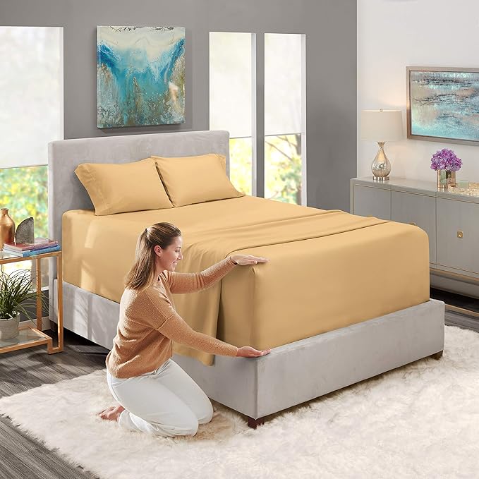Nestl Queen Size Sheet Set, 4 Piece Extra Deep Pocket (18-24 inches), Microfiber, Hotel Luxury, Soft, Breathable, Wrinkle-Free, Easy to Care, Camel Gold