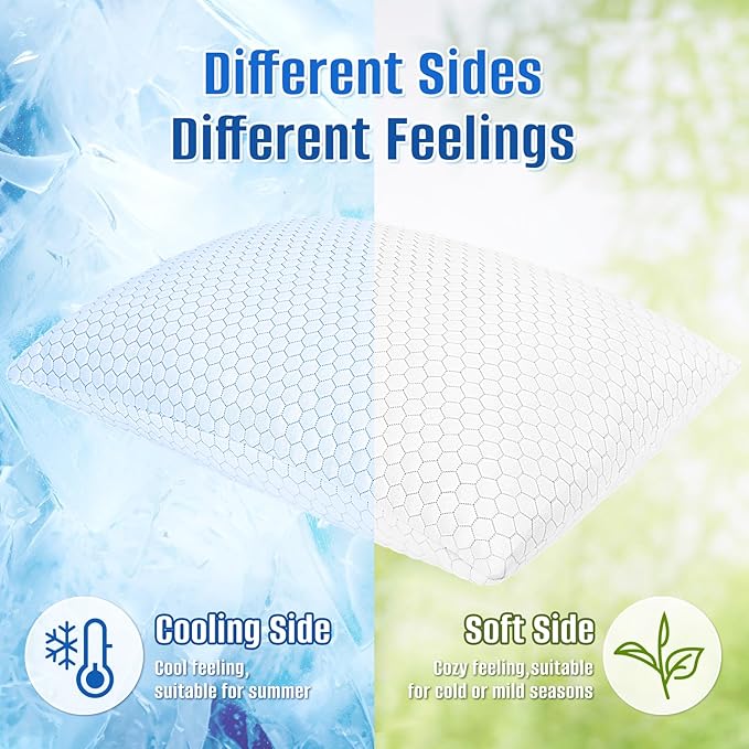 CushyOasis Shredded Memory Foam Pillow for Sleeping, Cooling Bed Pillows Set of 2, Adjustable Pillows for Side, Back, Stomach Sleepers with Washable Pillowcase (Queen Size, Grey)