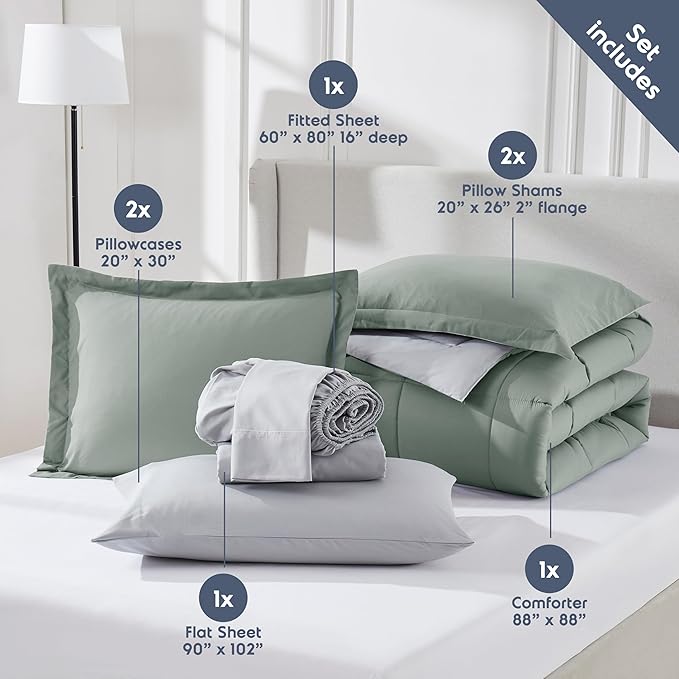 Nestl 9 Piece Queen Comforter Set – Sage Green Reversible Bed in a Bag – Complete Queen Size Bedding Set with Sheets, Set of 2 Down Alternative Pillows, Pillowcases and Shams