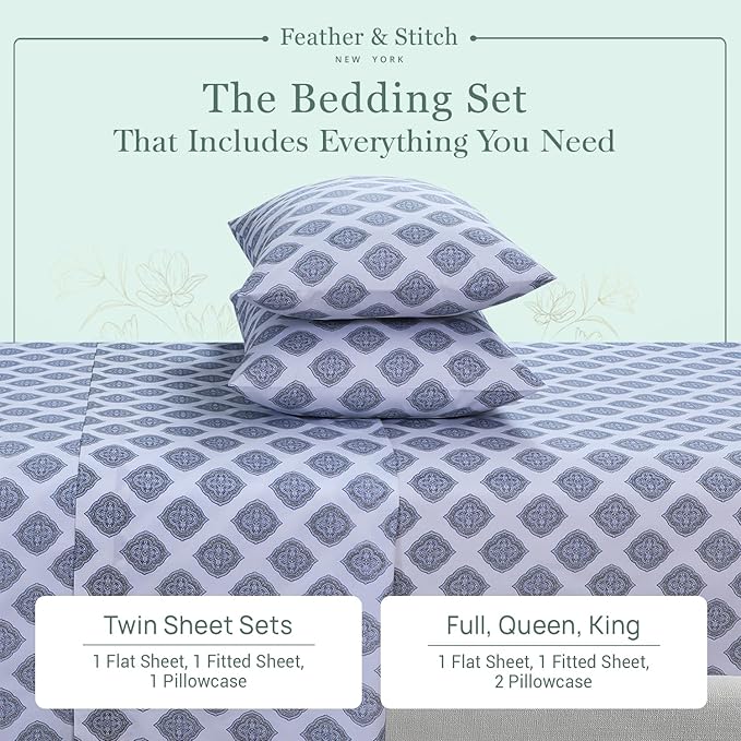 Feather & Stitch Softest 100% Cotton Sheets, 300 Thread Count Percale Weave Bedding, 16" Deep Pocket, Cooling Sheets, Breathable Bed Set, Hotel Premium Quality (Queen,Diamond)