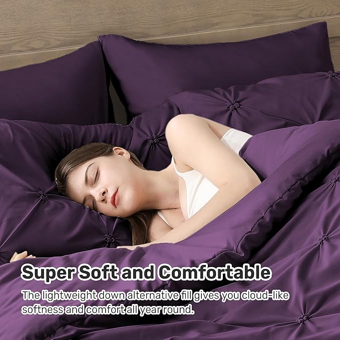 UNIKOME Queen Comforter Set Purple - Ultra Soft Boho Pintuck Down Alternative Bedding Set for All Seasons, 3 Pieces Lightweight Warm Pinch Pleat Bed Set with Comforter, 2 Pillowcases