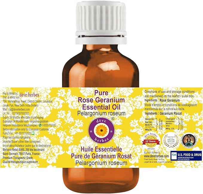 Deve Herbes Pure Rose Geranium Essential Oil (Pelargonium roseum) Steam Distilled (Pack of Two) 100ml X 2 (6.76 oz)