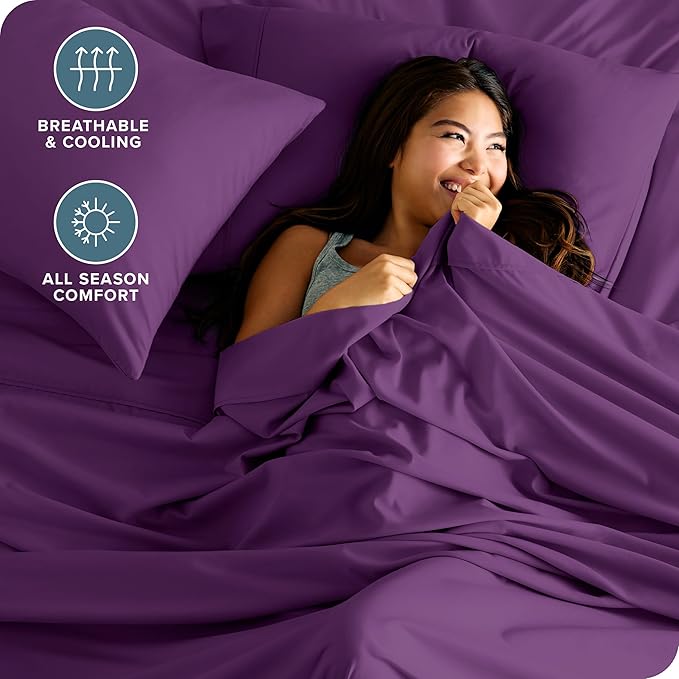 Bare Home Queen Sheet Set - 1800 Ultra-Soft Microfiber Queen Bed Sheets - Double Brushed - Deep Pockets - Easy Fit - 4 Piece Set - Bedding Sheets & Pillowcases (Queen, Plum)