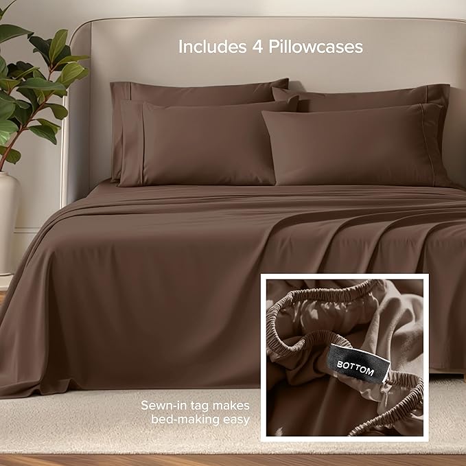 Bare Home Hotel Luxury Queen Sheet Set, Extra Soft - 6 Piece Set - Deep Pockets - Easy Fit - Cooling & Breathable - Wrinkle, Fade, Stain Resistant - Includes 4 Pillowcases (Queen, Cocoa)