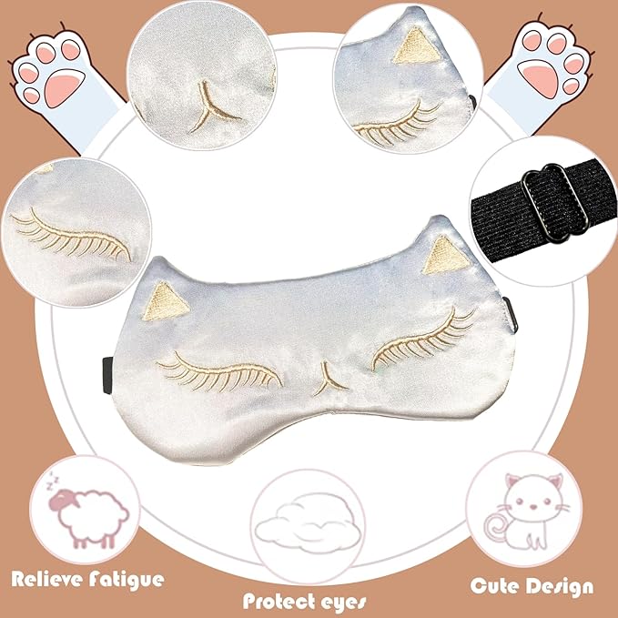 Cute Cat Sleep Mask for Kids (Grey&Black), 2 Pack Silk Sleeping Eye Cover Adjustable Mask Night Eyeshade Cover for Girls Boys Women Men Sleep Travel Party…