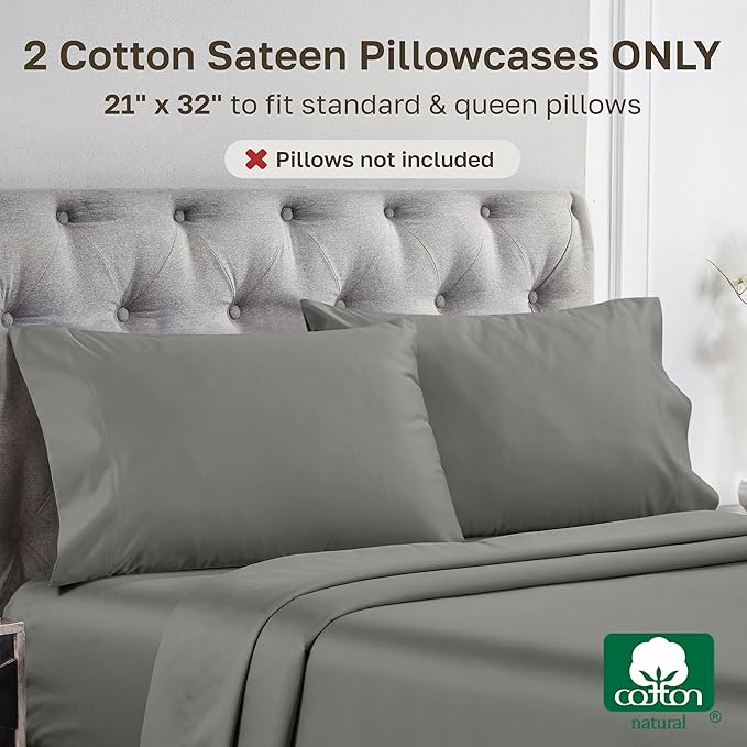 California Design Den Queen/Standard Pillow Cases Set of 2-1000 Thread Count Sateen, Soft and Thick 100% Cotton Pillow Covers Queen Size, Durable - Grey
