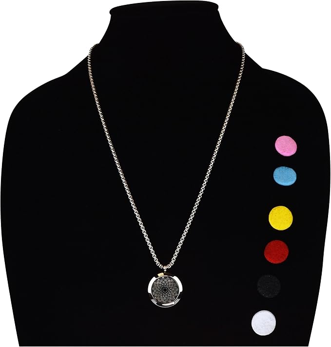 Wild Essentials Sun Mandala Essential Oil Diffuser Necklace, Stainless Steel Locket Pendant with 24 inch Chain, 12 Color Refill Pads, Customizable Color Changing Perfume Jewelry for Aromatherapy