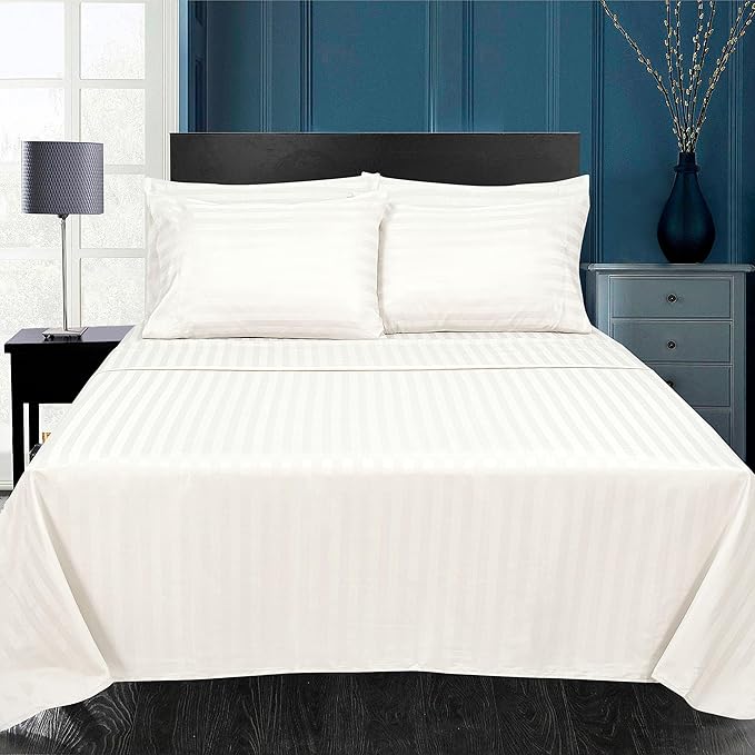ROYALE LINENS 1500 Thread Count Poly Cotton Sateen Dobby Stripe Sheet Set - 6 Piece Queen Bed Sheets - 1 Fitted, 1 Flat, 4 Pillow Cases -Soft Cool & Crisp Sheet Set (Queen, Bright White)