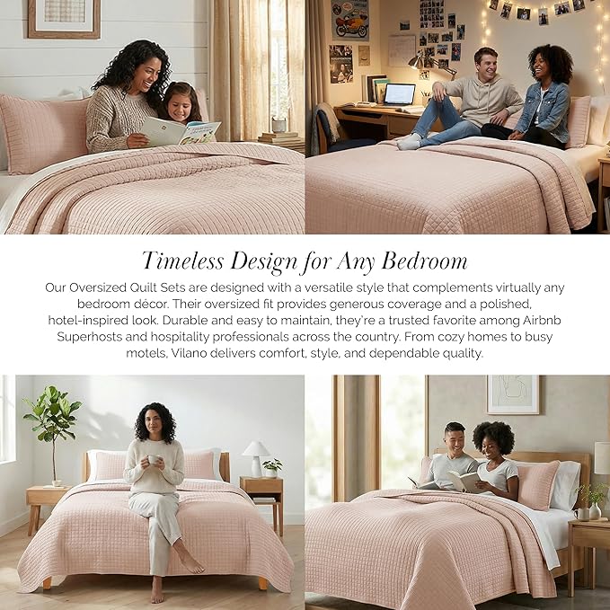 Southshore Fine Living, Inc. Oversized King Quilt Set, Stitched Blush Pink Quilt Bedspread, 2 Matching Pillow Shams, Machine Washable Cal/King Quilts, Hotel Quality Bedding, Cozy Coverlet, Blush