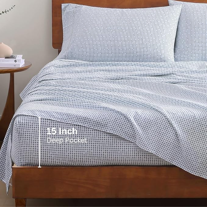 LANE LINEN 100% Organic Cotton Printed California King Size Bedding Sheets & Pillowcases Set -Soft & Comfy Breathable Percale Sheet Seasons, 15" Deep Pocket Printed Cal King Sheet - Polka Dot