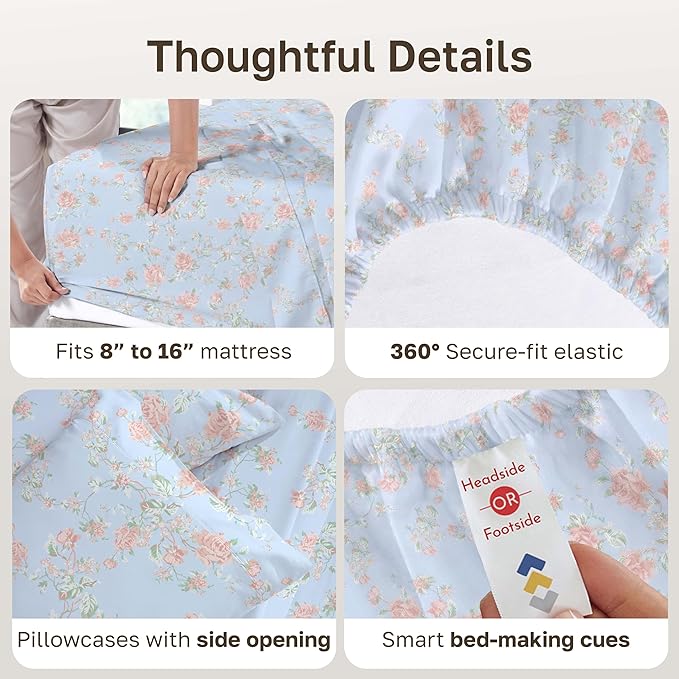 California Design Den Soft Cotton Bed Sheets Full Size Set, 400 TC Good Housekeeping Award Winner, Smooth Sateen Finish with Deep Pockets, Cozy and Durable Full Bedding Set - Floral Blue/Pink
