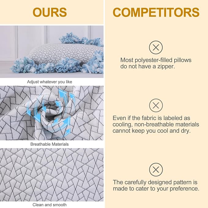 Shredded Memory Foam Bed Pillows Adjustable Hotel Quality Pillows for Side, Back and Stomach Sleeper, Breathable Washable Cover, Oeko-TEX Certified Queen Size Set of 2
