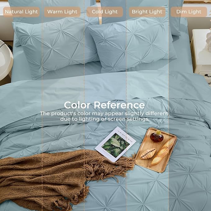 Sasttie Queen Comforter Set, 7-Piece Bed in a Bag, Pintuck Bedding Sets for All Season, Includes Comforter, Flat Sheet, Fitted Sheet, Pillowcases and Pillowshams, Greylish Blue