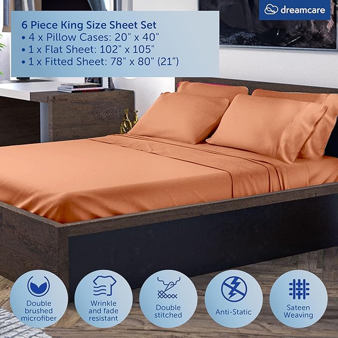 DREAMCARE King Size Sheets Set - 6 pcs Breathable Cooling Bed Sheets -up to 21" Extra Deep Pocket King Sheet Set with Side Pockets Extra Soft 100% Brushed Hypoallergenic Hotel Luxury Bedding Terracota