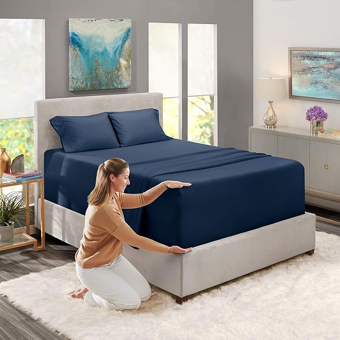 Nestl Full Size Sheet Set, 4 Piece Extra Deep Pocket (18-24 inches), Microfiber, Hotel Luxury, Soft, Breathable, Wrinkle-Free, Easy to Care, Navy Blue