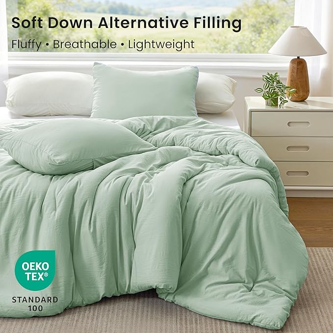 Love's cabin Queen Comforter Set Light Green, 3-Piece 90% Polyester 10% Linen Blend Bedding Set, Linen-Look Textured Stripe, Down Alternative All-Season Comforter with Pillow Shams | Soft, Breathable, Lightweight