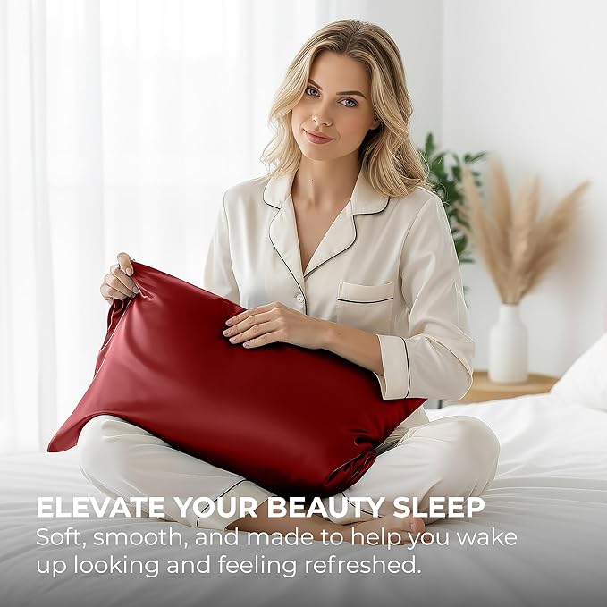 Pure Bedding Satin Pillowcase 2 Pack - King Size (20"x40", Burgundy) - Silky Pillow Cases for Hair and Skin - Satin Pillow Covers with Envelope Closure - Extra Soft Premium Microfiber