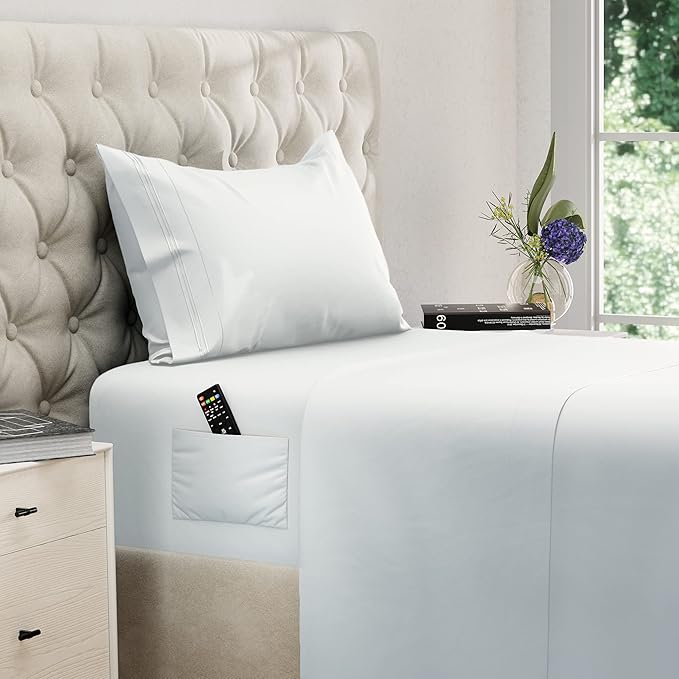 DREAMCARE Twin XL Sheet Sets - 3 pcs Breathable Cooling Bed Sheets - up to 21" Extra Deep Pocket Twin XL Sheets Set with Side Pockets - Extra Soft 100% Brushed Hypoallergenic Hotel Luxury - White