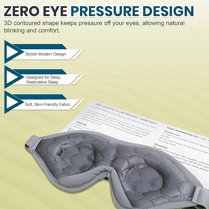 HILU Sleep Mask - 100% Light Blocking Eye Mask for Sleeping - Mothers Day Gifts for Mom, Zero Eye Pressure, Comfortable & Adjustable Design, Night Blindfold Eye Mask for Women & Men (Gray, 1 Count)