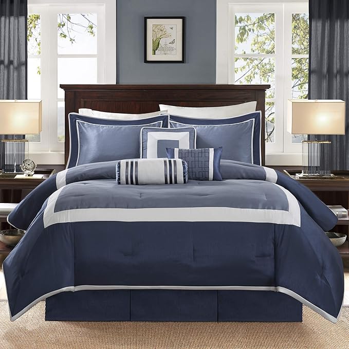 Madison Park Cozy Comforter Set-Deluxe Hotel Collection, All Season Down Alternative Luxury Bedding with Matching Shams, Decorative Pillows, Cal King(104"x92"), Genevieve, Navy 7 Piece