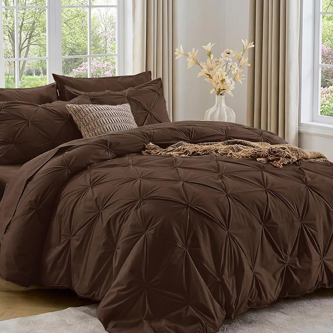 Sasttie Twin XL Comforter Set, 5-Piece Bed in a Bag, Pintuck Bedding Sets for All Season, Includes Comforter, Flat Sheet, Fitted Sheet, Pillowcase and Pillowsham, Dark Brown