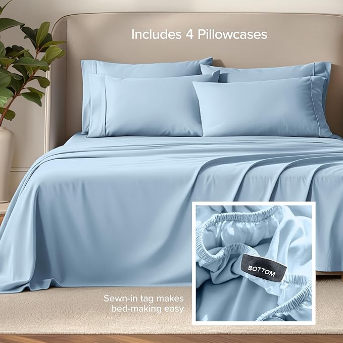Bare Home Hotel Luxury Queen Sheet Set, Extra Soft - 6 Piece Set - Deep Pockets - Easy Fit - Cooling & Breathable - Wrinkle, Fade, Stain Resistant - Includes 4 Pillowcases (Queen, Light Blue)