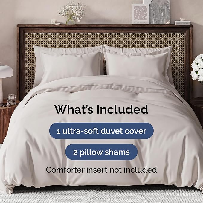 Duvet Cover Queen Size Set - Extra Soft Queen Duvet Cover 90" x 90" with 2 Pillow Shams - Hotel Luxury, Easy Care & Fade Free w/ Zipper Closures & Ties - All Season, Comfy & Breathable (Light Grey)