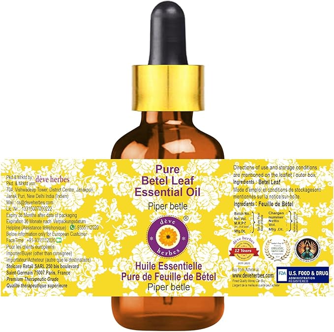Deve Herbes Pure Betel Leaf Essential Oil (Piper betle) with Glass Dropper Steam Distilled 50ml (1.69 oz)