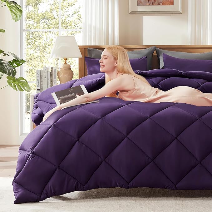 Decroom Lightweight Twin Comforter Set with 1 Pillow Sham - 2 Pieces Set - Quilted Down Alternative Comforter/Duvet Insert for All Season - Purple - Twin/Twin XL Size