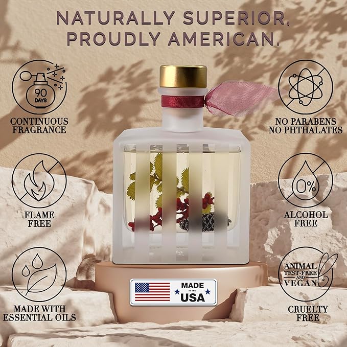 Reed Diffuser Set, Holiday Red Currant & Woods Scented Oil Diffuser with Sticks, Home Fragrance Accessories for Bathroom Shelf Decor, Aroma Diffusers for Home or Office Desk, USA Made