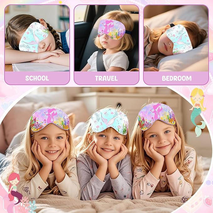 2 Pcs Sleep Mask for Kids Girls, Silk Eye Covers for Sleeping, Adjustable Strap & Light Blocking Design, Children's Bedtime Blindfold for Travel and Home Use (Mermaid)