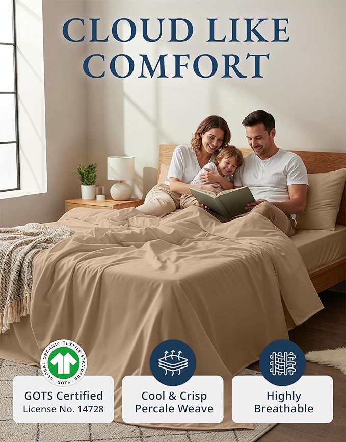 LANE LINEN 100% Organic Cotton Sheets Set Pure Long- Staple Percale Weave - Bedding for Bed Fits Mattress Upto 15in Deep Pocket (Twin Taupe)