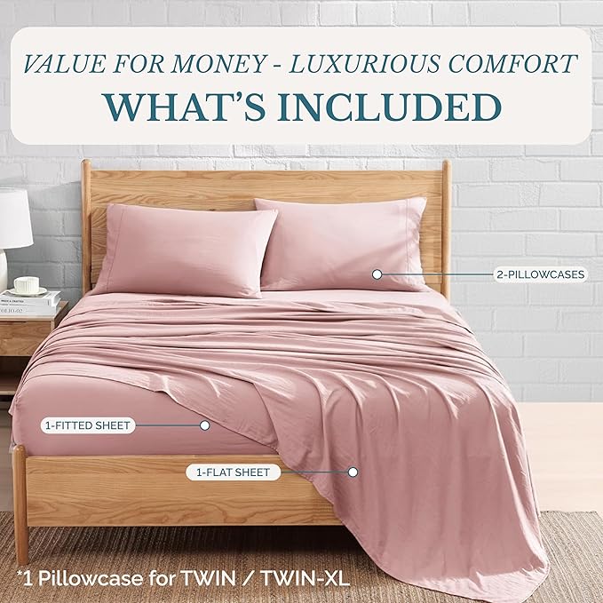 Casa Platino Bedding Sheets and Pillowcases, Pre-Washed Ultra Soft & Breathable Twin XL Bed Sheets Set, Hydro-Brushed Microfiber Cooling Twin XL Size Sheet Set, Deep Pockets - Sepia Rose