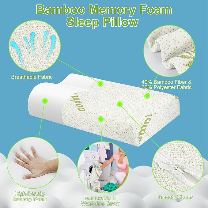 iMounTEK Bed Pillow Pillow Bamboo Viscose Memory Foam Pillow, Sleep Pillow Contoured Orthopedic Pillow Soft Neck Support Breath Pillow Back/Stomach/Side Sleeper(Large)