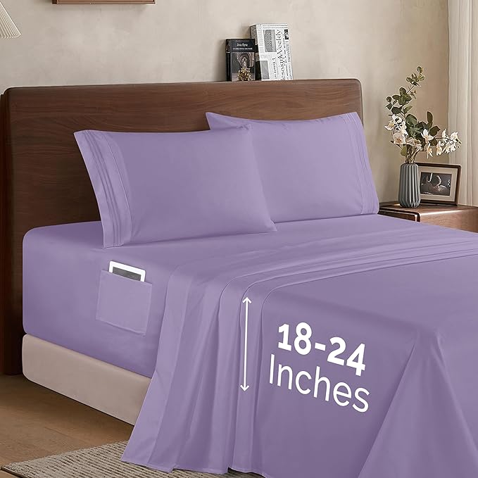Elegant Comfort Luxury 1500 Premium Hotel Quality Microfiber 4-Piece Sheet Set - Soft, All Around Elastic 18-24 Inches Deep Fitted Sheet - Extra Deep Pocket Sheets, King, Lavender