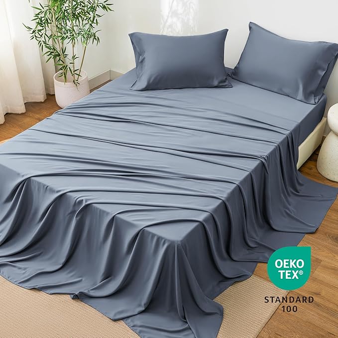 Love's cabin 3 Piece Twin Sheet Set, 100% Rayon Derived from Bamboo, Cooling & Breathable, Soft Silky Deep Pocket up to 16", Hotel Luxury Bedding for Hot Sleepers, Bluish Grey