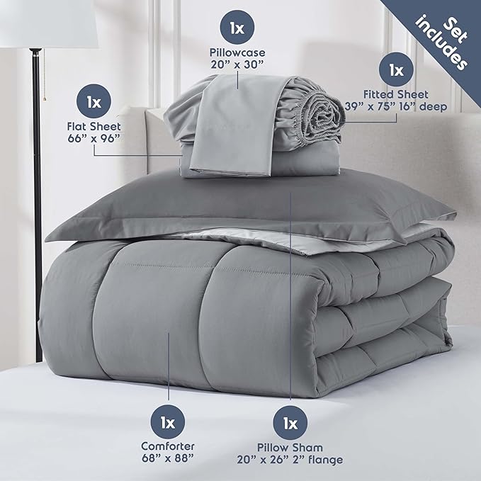 Nestl 7 Piece Twin Comforter Set – Grey Reversible Bed in a Bag – Complete Twin Size Bedding Set with Sheets, Set of 2 Down Alternative Pillows, Pillowcase and Sham