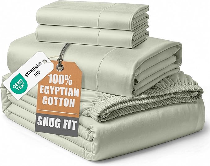 100% Egyptian Cotton King Size Sheets Set – Silky Sateen Weave for Winter Sleep Comfort, Buttery Soft & Durable Christmas Sheets King Size, Snug Fit 15" Deep Pocket, Hotel Comfort at Home - Mineral