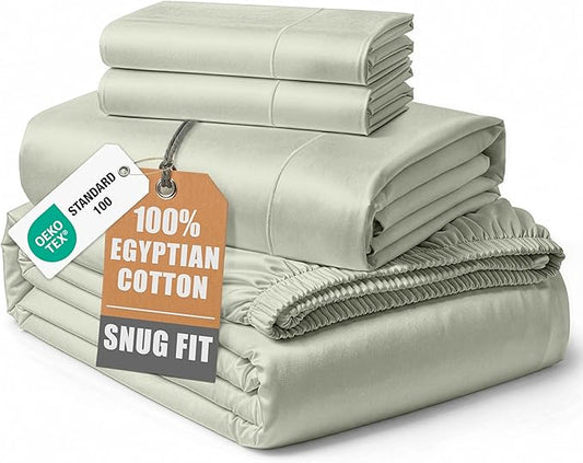 100% Egyptian Cotton King Size Sheets Set – Silky Sateen Weave for Winter Sleep Comfort, Buttery Soft & Durable Christmas Sheets King Size, Snug Fit 15" Deep Pocket, Hotel Comfort at Home - Mineral