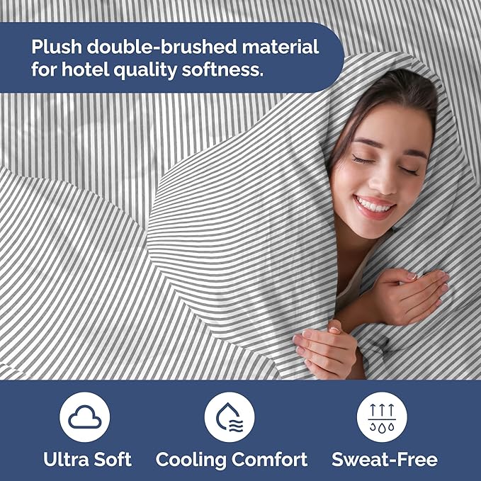 Duvet Cover Cal King Size Set - Extra Soft Cal King Duvet Cover 104" x 98" with 2 Pillow Shams - Hotel Luxury, Easy Care & Fade Free w/ Zipper Closures & Ties - Comfy, Cozy & Breathable (Grey Stripes)
