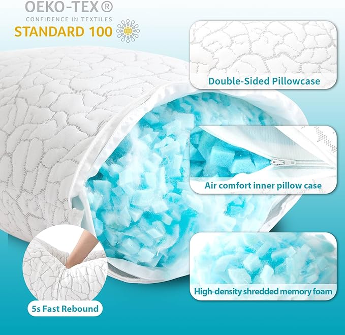 Cooling Pillows for Sleeping 1 Pack, Queen Size Adjustable Shredded Memory Foam Pillows, Firm Bed Pillows for Side, Back, Stomach, Hot Sleepers, Cold Pillow with Removable Washable Cover